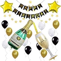 ETLEE Birthday Decorations Set - Happy Birthday Banner & Champagne Balloon Set & Star Foil Balloons for Gold and Black Themed Party Supplies