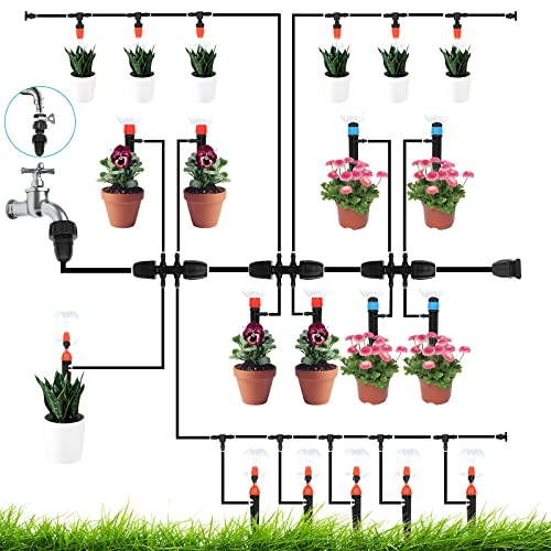 Outfun Drip Irrigation Kit, Plant Watering Sprinkler System with 1/4 inch 1/2 inch Blank Distribution Tubing Hose Adjustable Nozzle, DIY Saving Water Micro Irrigation System Automatic Mist Cooling Irrigation Set for Garden Greenhouse Lawn P