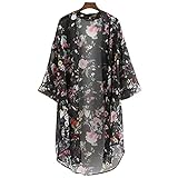 Vintage Women Girls Floral Print Long Loose Kimono Jacket Coat Cardigan Blouses (XX-Large, 0Black)