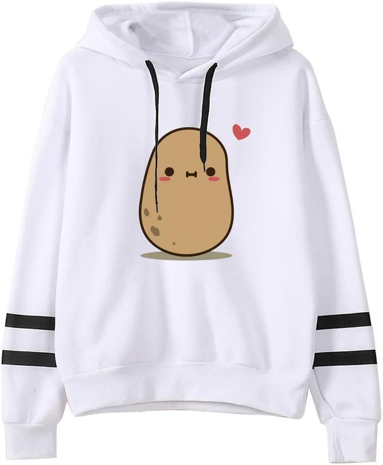 Hoodies for Women Graphic Two Stripes Lightweight Japanese Kawaii Style Potato Print Casual Sweatshirt