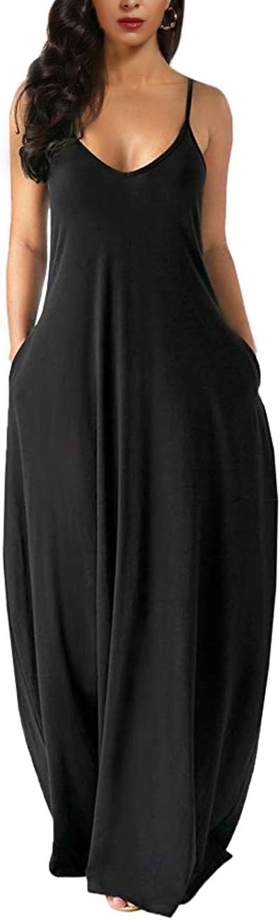 Wolddress Womens Casual Sleeveless Plus Size Loose Plain Long Maxi Dress with Pocket Black2X