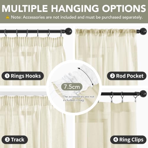 Deconovo Beige Translucent Curtains for Living Room and Bedroom, Modern Curtains 140 x 225 cm, 2 Pieces with Ruched Tape, Linen Effect Curtains, Soft Light and Elegant Finish