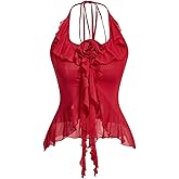 GORGLITTER Women's Fringe Flower Halter Tops Ruffle Mesh Asymmetrical Bow Sleeveless Open Back Going Out Concert Tops