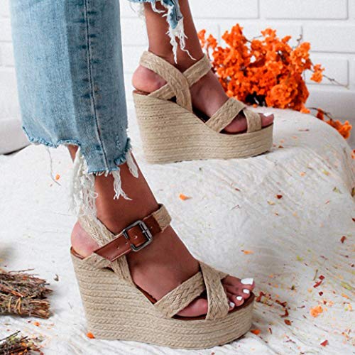 Womens Wedges Platform Espadrilles Sandals Vintage Bohemian Ankle Strap Buckle Roman Shoes Open Toe Weaved High Heels Brown