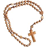 Sine Cera Olive Wood 5 Decade Catholic Rosary, Laser Cut Crucifix and Double-sided Laser Engraved Centerpiece, Sturdy Corded Design 17" Length, Smooth 8mm Beads
