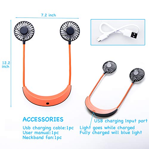 Portable Neck Fan, Hands-Free 5200mAH USB Rechargeable Wearable Hanging Neck Fan with 4 Adjustable Speeds, 360 Degree Free Rotation Perfect for Home Office Travel Indoor Outdoor, Orange