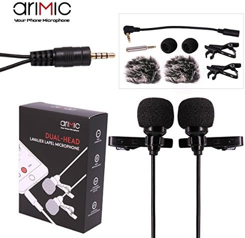 ARIMIC Dual-Headed Lavalier Lapel Clip-on Omnidirectional Condenser Microphone for Apple iPhone, iPad, iPod Touch, Android & Windows Smartphones DSLR Cameras (6m (236in)) … (6m (236in|))