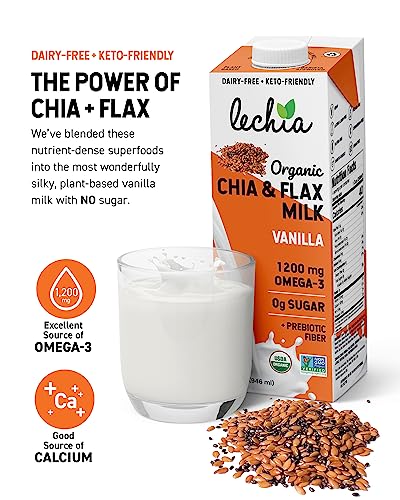 LECHIA 32OZ NON-DAIRY MILK, CHIA FLAX MILK VANILLA NO SUGAR ADDED , USDA ORGANIC, NON-GMO – FIBER, CALCIUM, OMEGA-3 – SHELF STABLE, FREE OF NUTS, SOY, GLUTEN, LACTOSE, CARRAGEENAN.