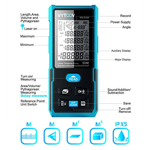 Rechargeable Laser Meter,VYTOOV Laser Tape Measure Electronic Angle Sensor Data Storage with Target Plate&Enhancing Glasses with Pythagorean Mode, Measure Distance, Area, Volume Calculation(164FT/50M) - Thumbnail 2