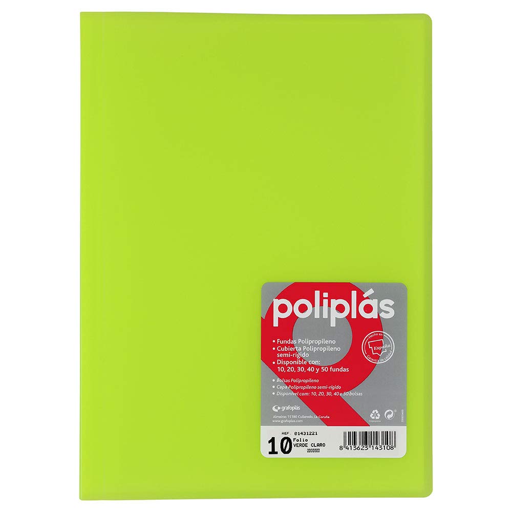 Grafoplás Folder with Sleeves | 10 Transparent Sleeves | Semi-Rigid Translucent Plastic Covers | Perfect for Documents Size Folio | Available in Green | Translucent Poly Model