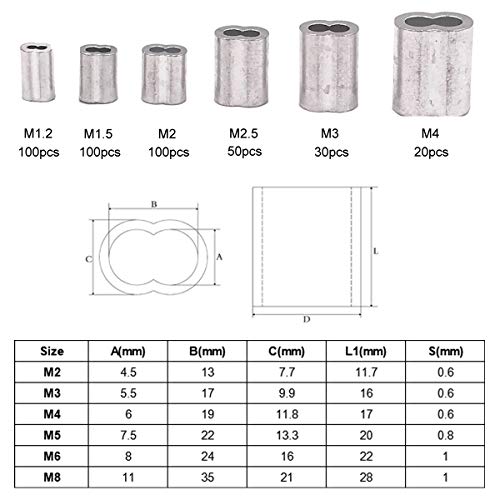 Seloky 478 Pcs M2/3/4/5/6/8 304 Stainless Steel Wire Rope Cable Thimbles and 6 Sizes Aluminum Crimping Loop Sleeve Assortment Kit