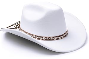 LolliWeaver Women Men Fashion Wide Brim Teardrop Crown Felt Western Cowboy Cowgirl Hat with Silver Studs Leather Hat Band