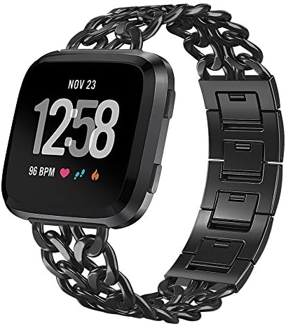 ImmSss Fitbit Versa Bands for Women Men, Solid Stainless Steel Cowboy Bracelet Style Replacement Strap for Fitbit Versa Fitness Smart Watch (Black)