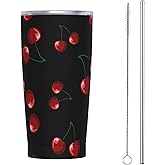 Dujiea 20oz Tumbler With Lid And Straw, Cherry Vacuum Insulated Iced Coffee Mug Reusable Travel Cup Stainless Steel Water Bottle