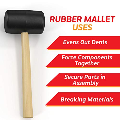 Rubber Mallet 8 oz, Hardwood, Double Faced Soft Mallet with Wooden Handle, Black