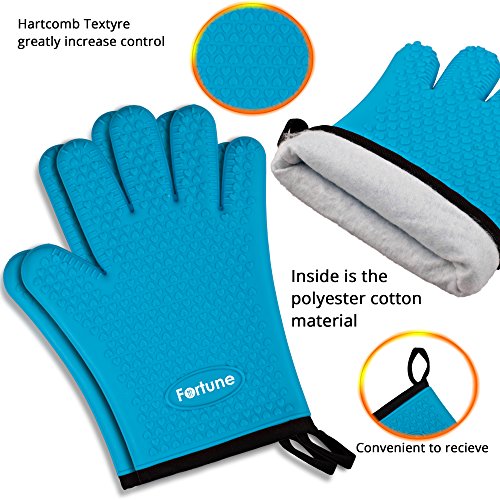 Silicone Grilling Gloves - Best Heat Resistant Oven Mitts For Cooking, Baking, BBQ & Boiling Non-Slip Potholders with Internal Cotton Layer - Includes Mini Oven Mitt (Blue)