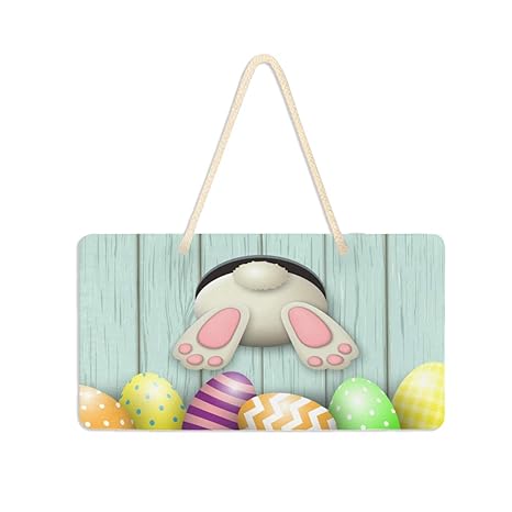 Wamika Easter Eggs Bunny Tail Spring Welcome Door Hanging Sign Plaque Happy Easter Day Rabbits Colorful