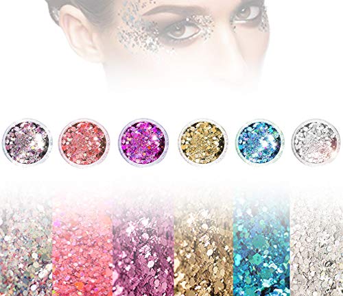 Holographic Glitter 6 Colors Cosmetic Chunky Body Glitter Festivals Rave Accessories Great for Use on Face, Body, Hair and Nails by Yomiie (6 pack)