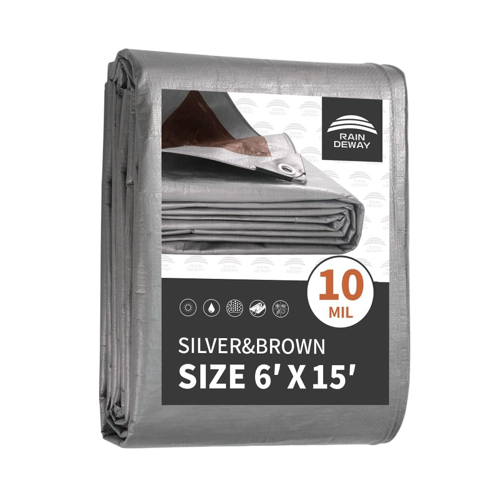 Photo 1 of RAINDEWAY Tarps Heavy Duty Waterproof 6x15 Feet,10Mil Thick Multipurpose Poly Tarp Cover with Metal Grommets and Reinforced Edges,Silver/Brown Tarp