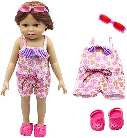 Pink Floral Swimsuit for 18 Inch Dolls with Pink Sandals and sunglasses