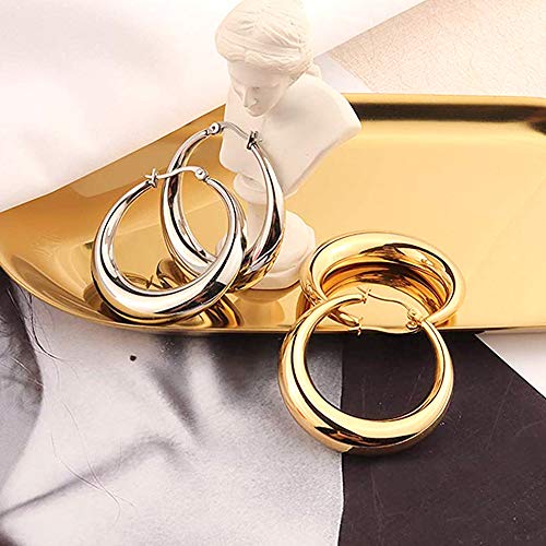 DOMEI Thick Chunky Hoop Earrings Gold, Chunky Gold Hoop Earrings Small, 14k Gold Plated Chunky Tube Hoop Earrings for Women (Silver)