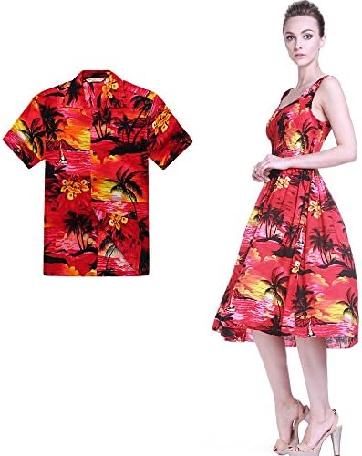 Couple Matching Hawaiian Luau Aloha Shirt Elastic Tank Dress in Sunset Red