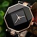 Top Plaza Women Fashion All Black PU Leather Wrist Watch Rhombus Rhinestone Rose Gold Case Non Scale Analog Quartz Watch