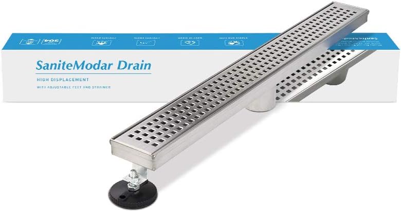 SaniteModar 36-inch Linear Shower Drain with Removable Square Hole Panel by Using Brushed 304 Stainless Steel Process, Linear Drain with Adjustable Feet and Hair Strainer……………