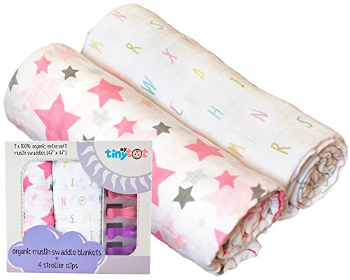 Best Organic Cotton Muslin Swaddle Blanket Set for Girls, 2 Large Baby Receiving Blankets for Newborns & Infants, Great for Tummy Time, Breastfeed Nursing & Stroller Cover, Security Travel Blankie!