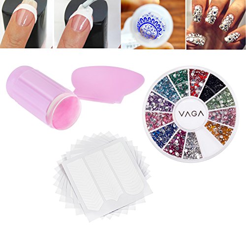 Amazing Value Professional Manicure Nail Art Salon Quality Tools Accessories Set Kit Including 10pcs Cards Each With 51pcs White Guides Stickers / Strips In 3 Different Shapes For French Nails And Lines Designs Application, Wheel With Rhinestones / Crysta