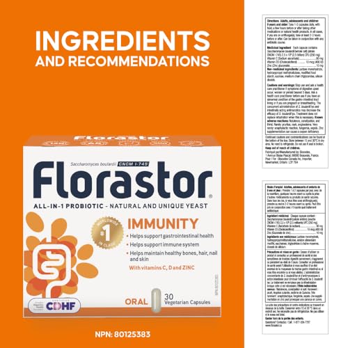 Florastor Immunity - Saccharomyces Boulardii - Daily All in One Probiotics - Supports Gut Health & Immune System - Zinc,Vitamin C & D - #1 Probiotic in class Wordlwide - For Adults & Family - 30 caps