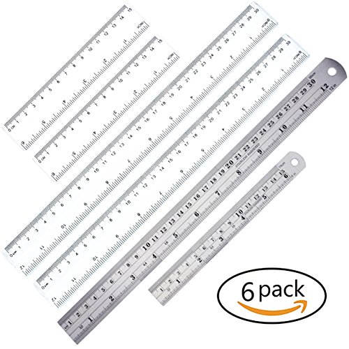Stainless Steel Ruler Plastic ruler 12"(30cm) + 6" (15cm)Straight Edge Metal Ruler Set For Engineering Office And School (6 pack rule)
