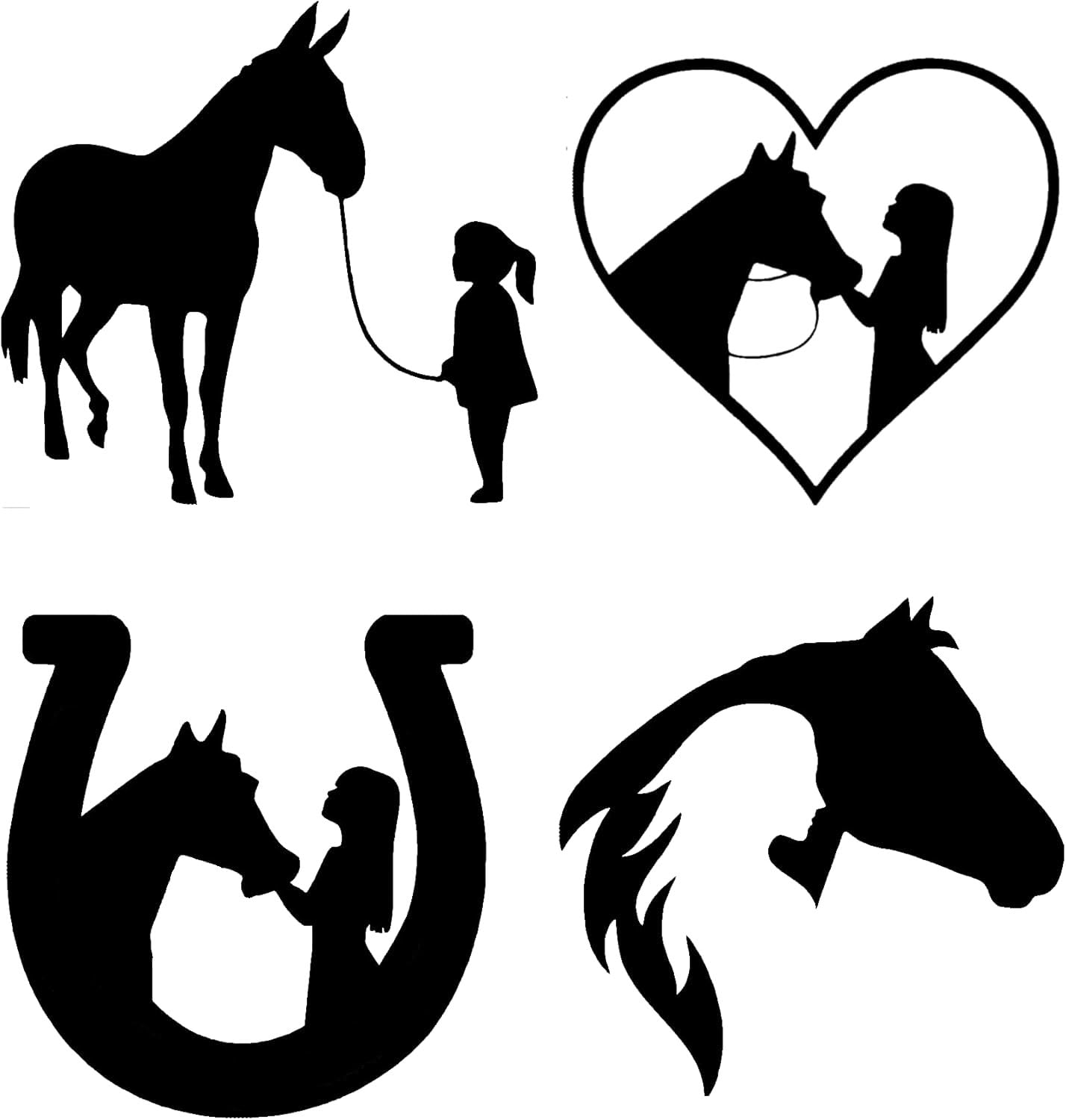 Pack of 4 Girl with A Horse Stickers - Waterproof Decal - Car Bumper, Laptops, Water Bottles, Fun Gifts, Mirrors (8cm x 7.5cm, Black)