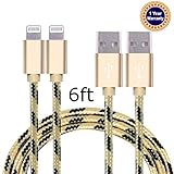 Jricoo 2pcs 6FT Lightning Cable Popular Nylon Braided Charing Cable Extra Long USB Cord for iphone 6s, 5SE, 6s plus, 6plus, 6,5s 5c 5,iPad Mini, Air,iPad5,iPod on iOS9.(gold+black).