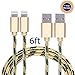 Jricoo 2pcs 6FT Lightning Cable Popular Nylon Braided Charing Cable Extra Long USB Cord for iphone 6s, 5SE, 6s plus, 6plus, 6,5s 5c 5,iPad Mini, Air,iPad5,iPod on iOS9.(gold+black).