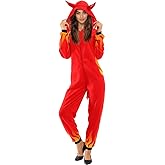 ReneeCho Devil Adult Onesie Pajamas Halloween Demon in Fire Costume Red Jumpsuit Women