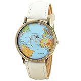 Inkach® Women Global Travel By Plane World Map Dress Watch Denim Fabric Leather Band Wrist Watches (White)