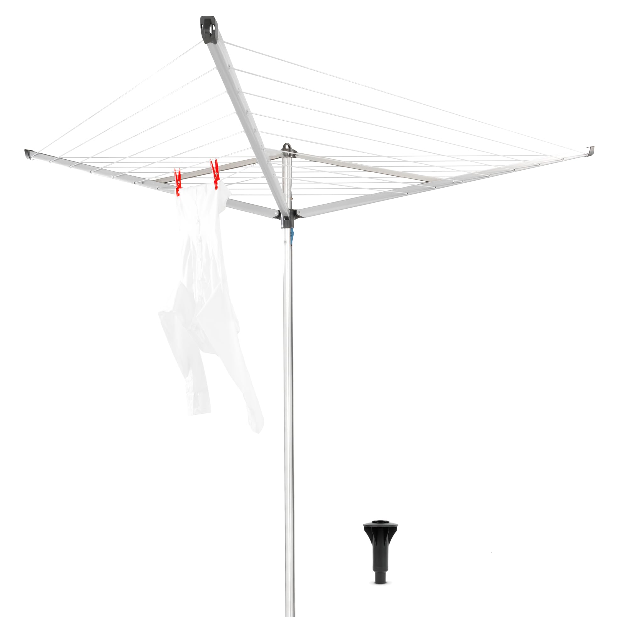 Brabantia 30m Essential Rotary Washing Line (Metallic Grey) Collapsible Umbrella System, 3 Arm Outdoor Clothes Dryer + 35mm Plastic Ground Tube