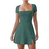 Dokuritu Womens Tennis Dresses Short Sleeve Square Neck 2024 Side Slit Double Lined Golf Athletic Dress with Built in Shorts