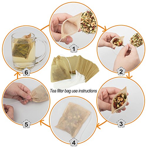 100 Pcs Tea Filter Bags, Disposable Empty Tea Infuser Bag with Drawstring Safe & Natural Material for Loose Leaf Tea and Coffee 2.36 x 3.15 inch - Give 2Pcs Tea bag holders (Initial)
