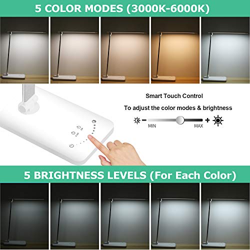 LED Desk Lamp - YIIMER Dimmable Office Desk Lamps with USB Charging Port, Eye-Caring Table Lamp with 5 Color Modes and 5 Brightness Levels, Touch/Timer/Memory Function Light for Reading, Working