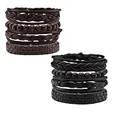 Jusnova 6-10Pcs Braided Leather Bracelets for Men Women Wooden Bead Cuff Bracelet Adjustable