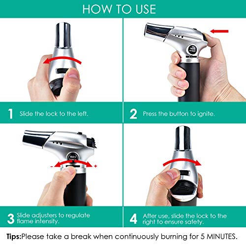 Alcoon Blow Torch Lighter Kitchen Cooking Culinary Torch Refillable Butane Torch with Safety Lock and Adjustable Flame Fit for BBQ Camping Creme Brulee Baking (Butane Gas NOT Included)