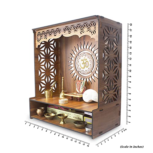 Heartily Shree Beautiful Wooden Pooja Stand for Home Mandir for Home Temple for Home and Office Puja Mandir for Home and Office Wall with LED Spot Light Product (H 18, L 16, W8.75 Inch)