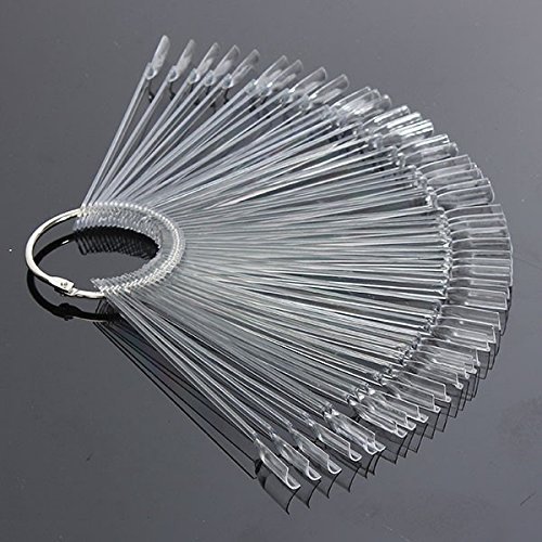 Beauticom 250 Clear Acrylic False Tip Sticks with Metal Ring Holders Fan-Shaped Nail Art Display Chart Practice Tips Tool - 250 Tips