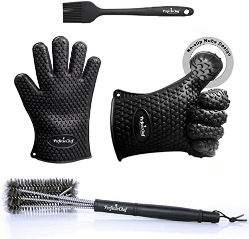 PerfectoChef BBQ Set – Clean any type of grill surface with the stainless steel grill brush - Protect your hands from heat with the Barbecue Gloves and apply barbecue sauce with the basting brush