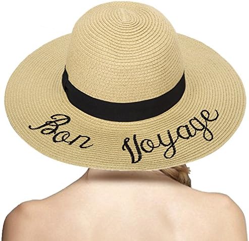 LONSANT Women's Paper Weaved Crushable Beach Embroidered Quote Adjustable Floppy Brim Sun Hat (Bon Voyage)