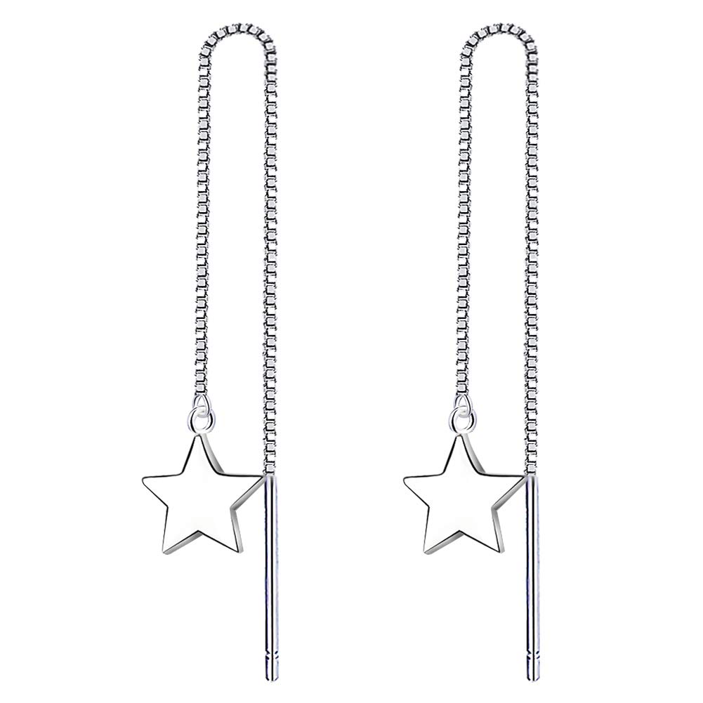 Yaneno Mini 925 Sterling Silver Needle Threader Pull Through Star Drop Dangle Earrings for Women (White)