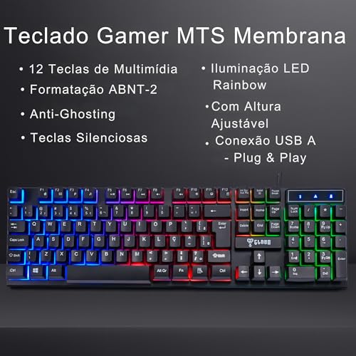 Combo GAMER 4 em 1 MTS, Nightmare • Mouse 4D - 3600 Dpi • Teclado RGB LED Rainbow Anti-Ghosting • Fone e Microfone Headset 45mW Stereo • Mousepad 290x250 • Quality Premium • Setup Gamer