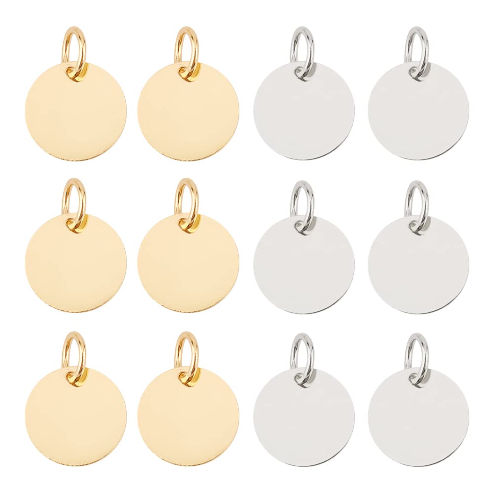 SUPERFINDINGS about 100pcs 2 Colors Brass Blank Pendants 12mm Flat Round Stampingtag Charms with 4 mm Hole for Jewelry Making